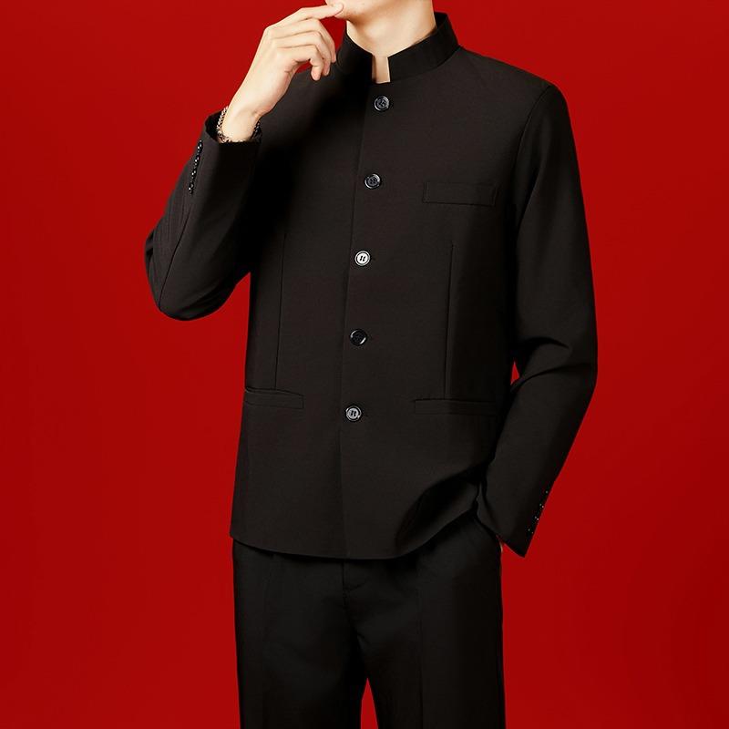 メンズ 中山装 セットアップ コート 長袖Tシャツ 短パンツ 黒 綿 素材 立領デザイン 春秋 国風 スタイリッシュ スポーツ スタイル 秋季 対応 18-24歳 向け 青春 流行 ラフ ファッション
