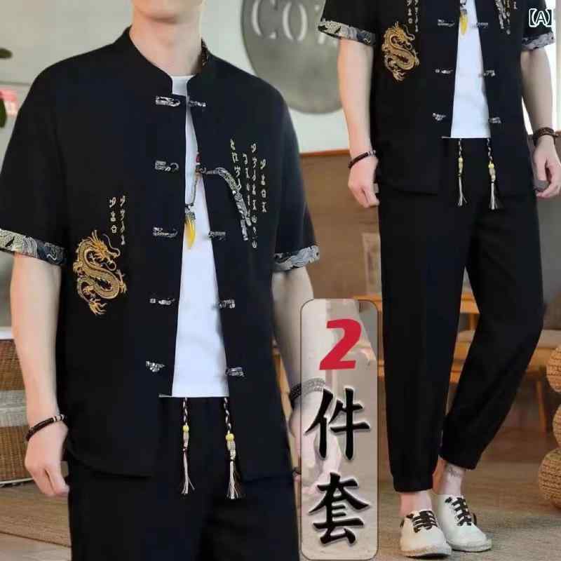 メンズ セットアップ 唐装 チャイナスタイル 漢服 民族風 トップス 短袖 ニット カーディガン 九分パンツ ?? ポリエステル 黒 グレー カーキ ビジネス 紳士 40代 50代 60代 レインウェア オールシーズン 軽量 薄手 通勤 普段使い 雨天