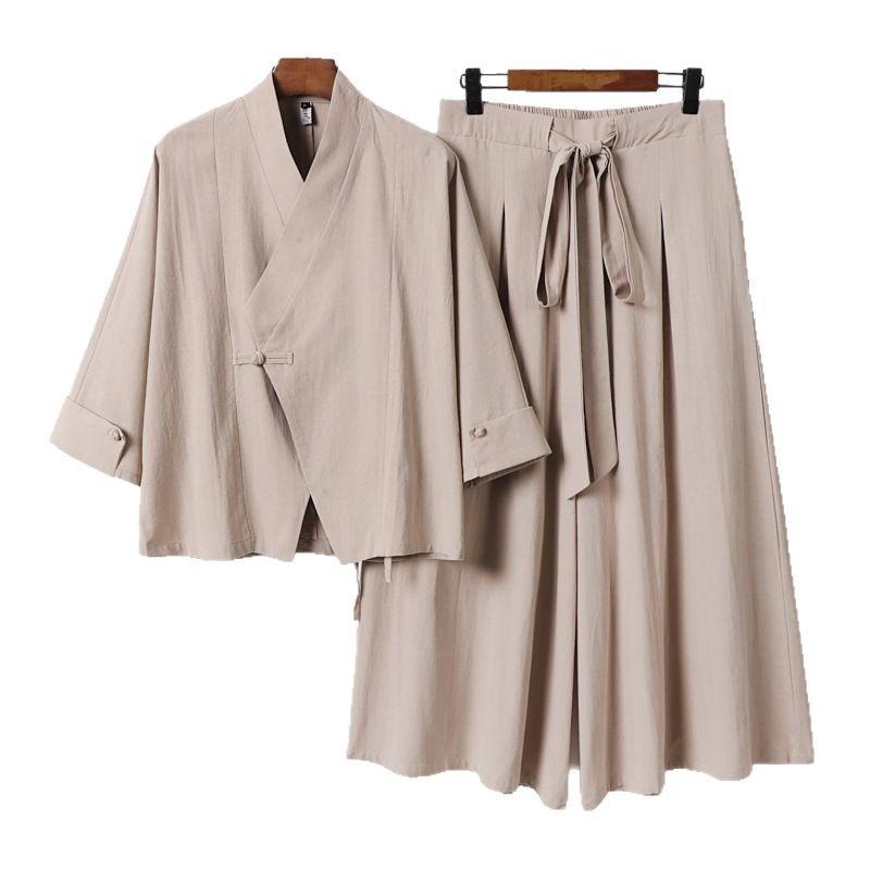 メンズ 中華服 セットアップ 盤ボタン 七分袖 綿麻素材 薄手 ゆったり 大きいサイズ オールシーズン 日常着 トップス シャツ 七分丈パンツ 九分丈 綿混紡 95% 白色 灰色 黒 軽量 通気性 好