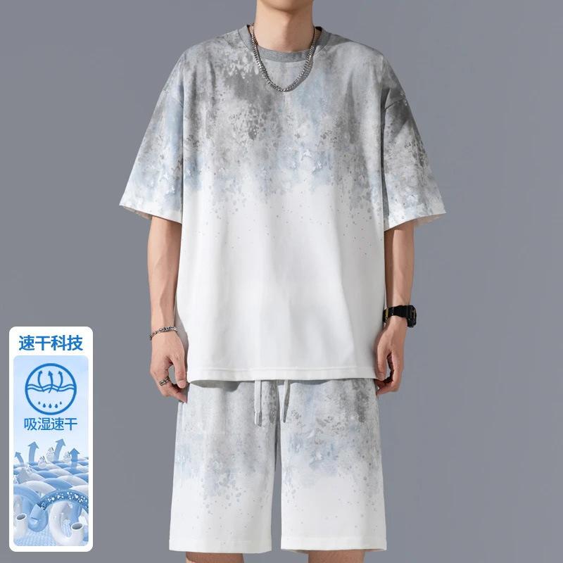 メンズ スポーツウェア セット 速乾 薄手 Tシャツ ショートパンツ 5分袖 夏 男性用 青少年 休? 灰 緑 ピンク 紫 日常 ポリエステル 化繊 涼しい 軽量 通気性 運動 ランニング ジム アクティブ
