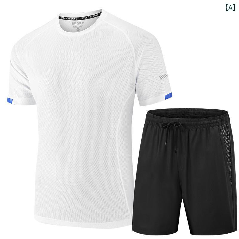 メンズ 運動 セットアップ 夏 短袖 Tシャツ 五分丈 短パン 2点セット ランニング ウェア ポリエステル 繊維 雨天 対応 白色 黒 水色 蛍光緑 中年 スタイル ゆったり 大きいサイズ 涼しい 軽量 速乾 吸汗 快適 アクティブ 日常使い