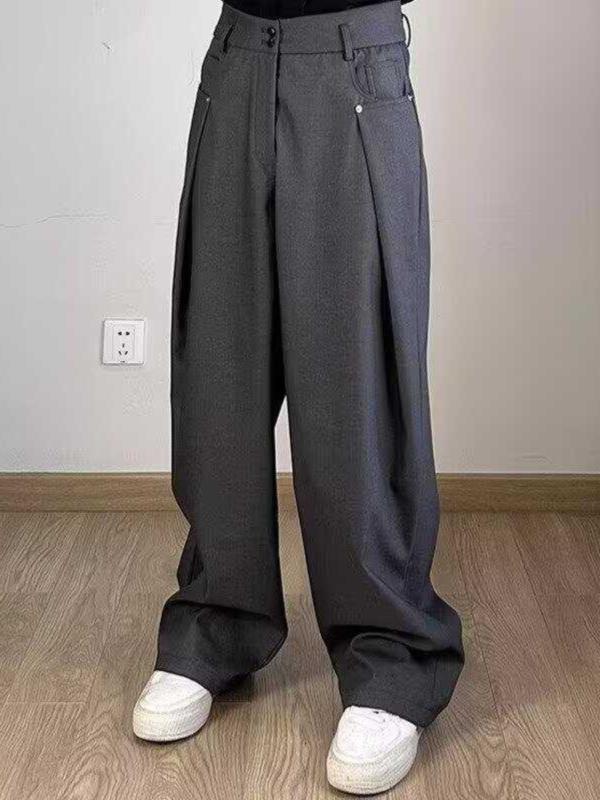 メンズ 西装パンツ 男性用 スーツパンツ ビジネスパンツ 軽ビジネス 秋 秋冬 ワイドレッグ ロングパンツ ゆったり 黒 灰 ポリエステル 無地 ミシン明線 微弾力 免? デザイン 垂れ感 復古 潮 解構 長ズボン 地・尽り 青少年 成人 ゆったりシルエッ