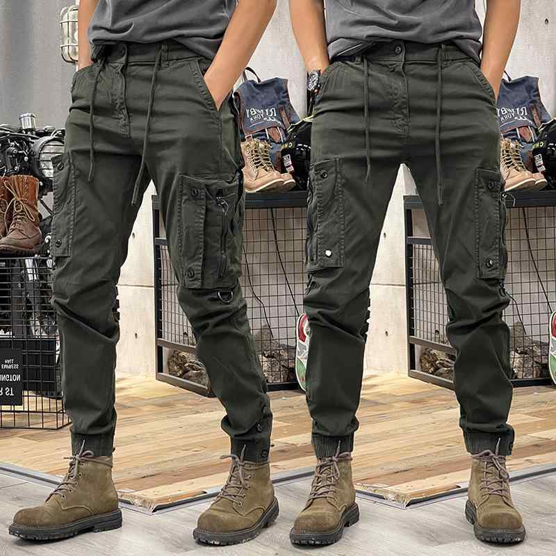 メンズ 工装パンツ 男性用 コーン型 束脚 長ズボン ミッドライズ ジップフライ 普通厚 無地 多ポケット 通気性 ノンアイロン 綿混紡 ポリエステル 日常使い 青年向け 黒 グレー カーキ オールシーズン
