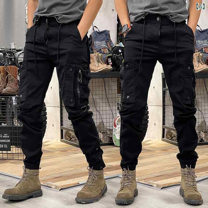 メンズ 工装パンツ 直筒 機能性 アウトドア タクティカル 休?パンツ 束脚 長ズボン アメリカン レトロ スタイル ゆったり 中腰 腰帯付き 紐閉じ 普通厚 無地 コットン混紡 ポリエステル 耐摩耗 ノーアイロン 多ポケット 無弾性 黒 グレー カーキ