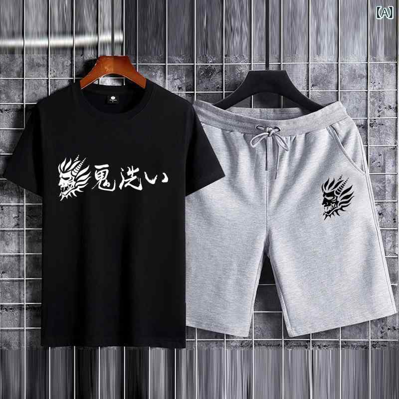 メンズ Tシャツ ショーツ セット 綿 素材 短袖 薄手 運動 スタイル 夏 黒 灰 白 組み合わせ ゆったり 大きめ サイズ 涼しい 吸汗 速乾 機能
