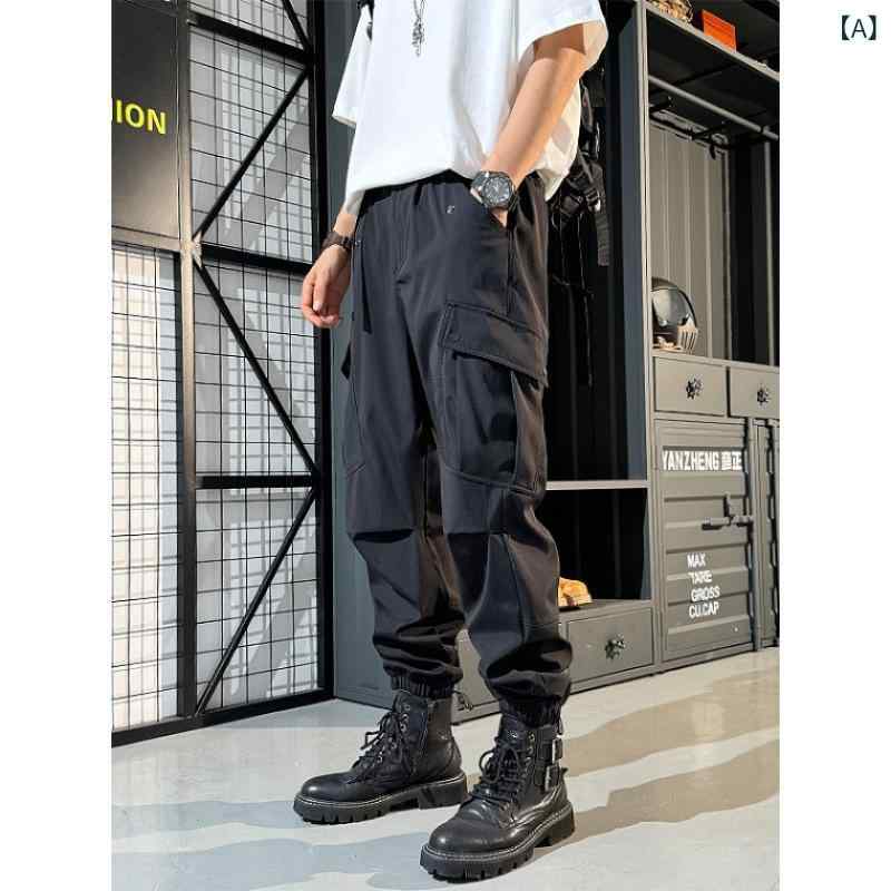 メンズ 工装パンツ ワイド レッグ 束脚 長ズボン 秋春 黒 緑 牛津布 混紡素材 多ポケット ミリタリー スタイル カジュアル 日常使い ゆったり フィット 薄手 無弾性 免?加工 中腰 ドローストリング クロージャー ユニセックス ティーン ユース