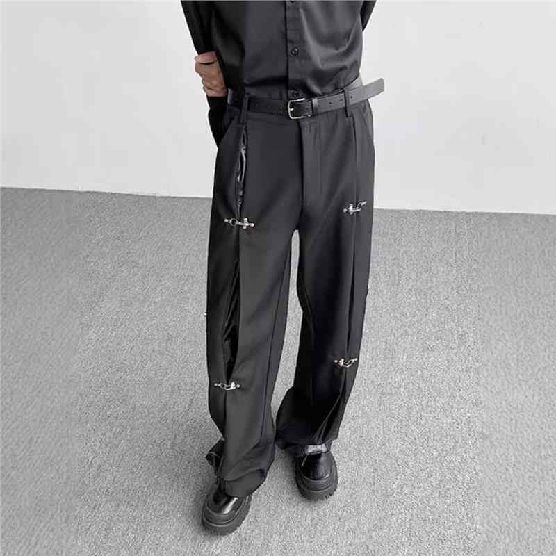 メンズ 西パンツ 黒 直筒 軽ビジネス 秋季 金属 飛行機バックル デザイン 解体 韓国風 PU 革 切り替え 高級感 ワイドレッグ ロングパンツ 化繊 混紡 ポリエステル 95% オリジナル デザイン なし 成人 男 現貨 他の ブランド 他の 詳細