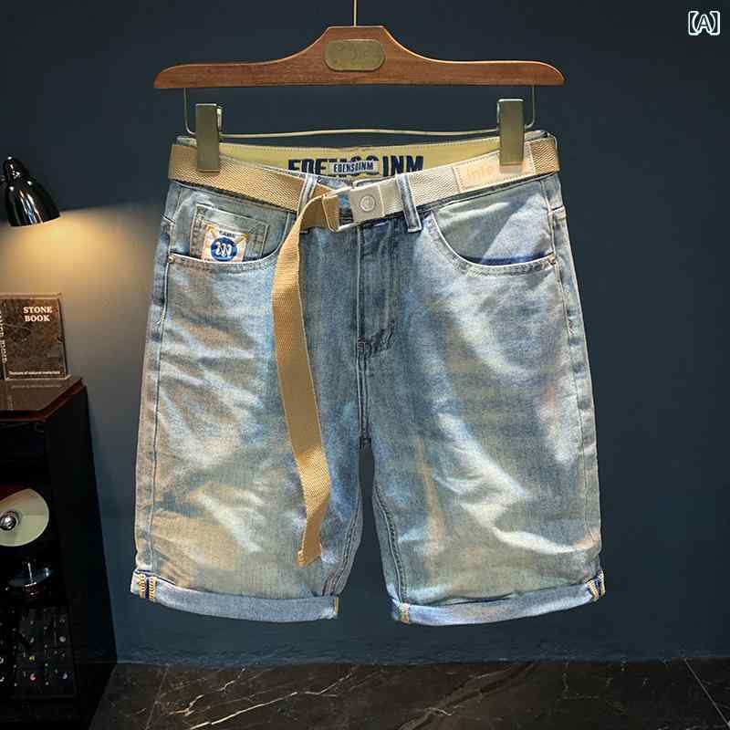 メンズ ショートパンツ 五分丈 ストレート スリムフィット ストレッチ デニムパンツ 綿混紡 ブルー 夏用 復古風 軽量 硬派スタイル 通勤用 普段使い 軽快 洗いざらし加工 耐久性
