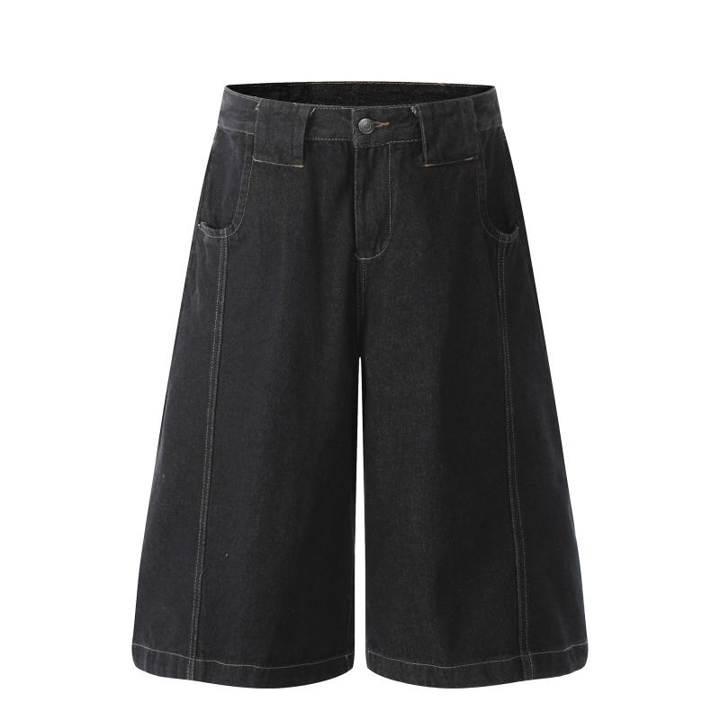 メンズ 牛仔パンツ ワイドレッグ ショートパンツ 黒 ヴィンテージ風 水洗加工 コットン 混紡 リラックスフィット 直筒 ミドルウエスト ボタン ステッチ ディテール 無弾性 七分丈 休? スタイル オールシーズン ティーンエイジャー 向け