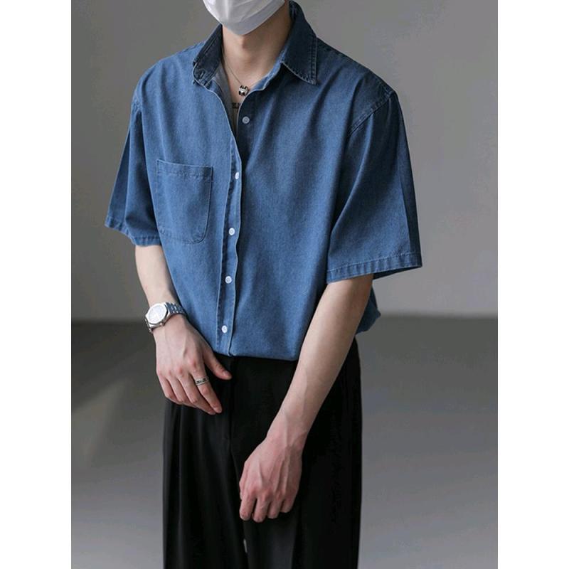 メンズ シャツ トップス 半袖 牛仔 デニム 薄型 夏 春夏 日常 普段使い カジュアル 韓国風 ハン版 開襟 方領 ゆったり ルーズ ポケット 装飾 綿 コットン 深青 ライトブルー 青年 20代 30代