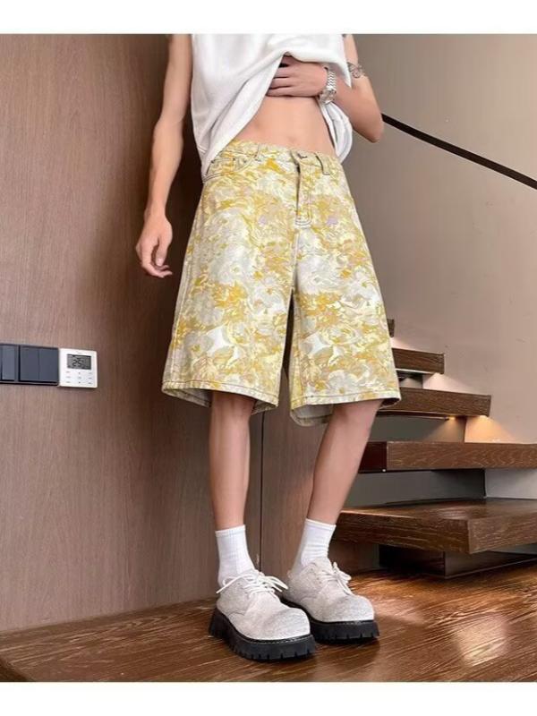 メンズ ショートパンツ 牛仔 綿素材 直筒 夏 薄手 ゆったり 大きいサイズ ぽっちゃり 対応 韓国風 タイダイ プリント 花柄 工装 スタイル 休日 普段使い 軽量 洗い加工 直筒裾 ミッドライズ 紐留め 青少年 向け