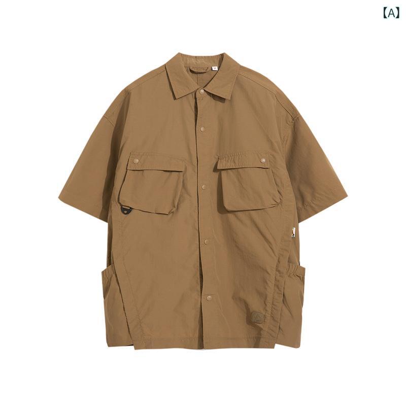メンズ シャツ トップス 工装風 短袖 開衫 デザイン 広幅 ゆったり ポリコットン 綿混 透気 防シワ 耐摩耗 不変形 切り替え 翻領 純色 普通厚 夏用 休? 日常使い かき 黒 軍緑 6,441円