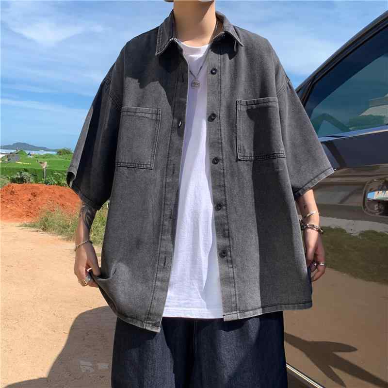 メンズ シャツ トップス 短袖 牛仔 デニム コットン 薄手 軽量 耐久 洗濯機可 開襟 ゆったり シルエット 無地 プリント 柄 春夏 夏 日常 普段使い カジュアル 韓国風 復古 風 黒 グレー ブルー 綿素材 71-80% 免? 処理 成人 青少年