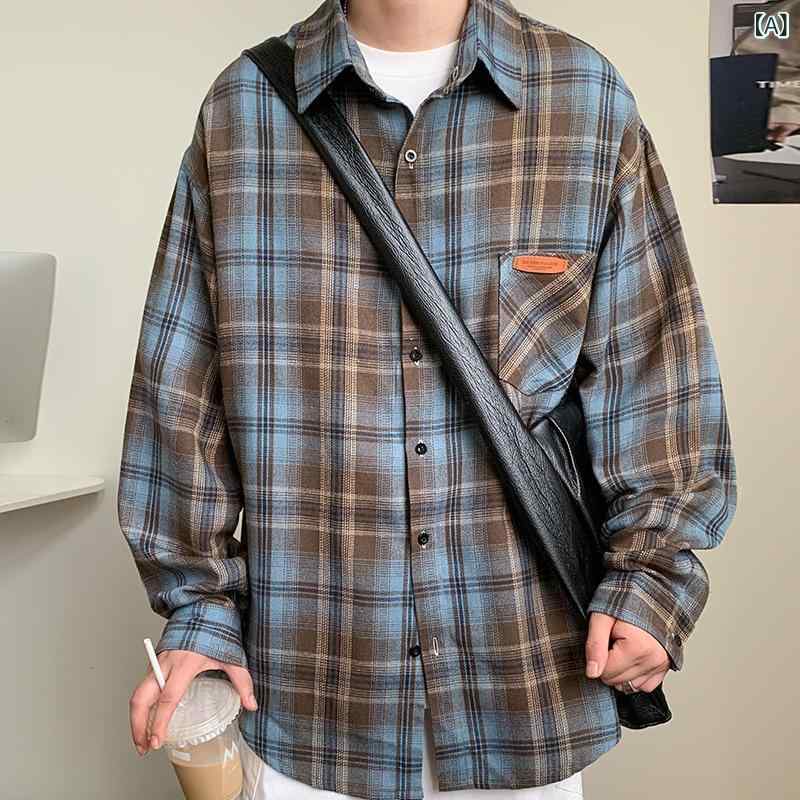 メンズ シャツ 長袖 翻領 格子柄 トップス コットン 透気性 ワイドシルエット アメリカン レトロ スタイル 開衫 ポケット 装飾 大きいサイズ 日常使い 春季 カフェ グリーン