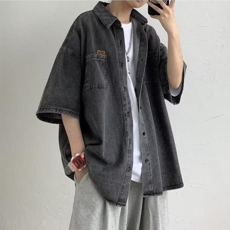 メンズ シャツ トップス 牛仔 デニム 短袖 開襟 立襟 灰 ブルー 色 春夏 夏 青春 流行 青少年 対象 青春 流行 18-24歳 向け ゆったり 緩い シルエット 洗濯機 洗い 可能 コットン 綿 素材 65% 免・聞 処理 休? 日常 使い シーン