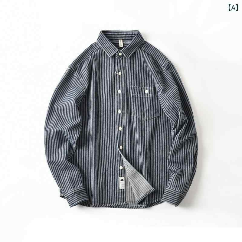メンズ シャツ トップス 牛仔布 デニム 長袖 開襟 翻領 ストライプ 柄 ワイド ルーズ フィット ポケット 装飾 ポリエステル 繊維 深藍 ライトブルー 春 シーズン ユース ポップ スタイル 日常 使い カジュアル 休日 外出