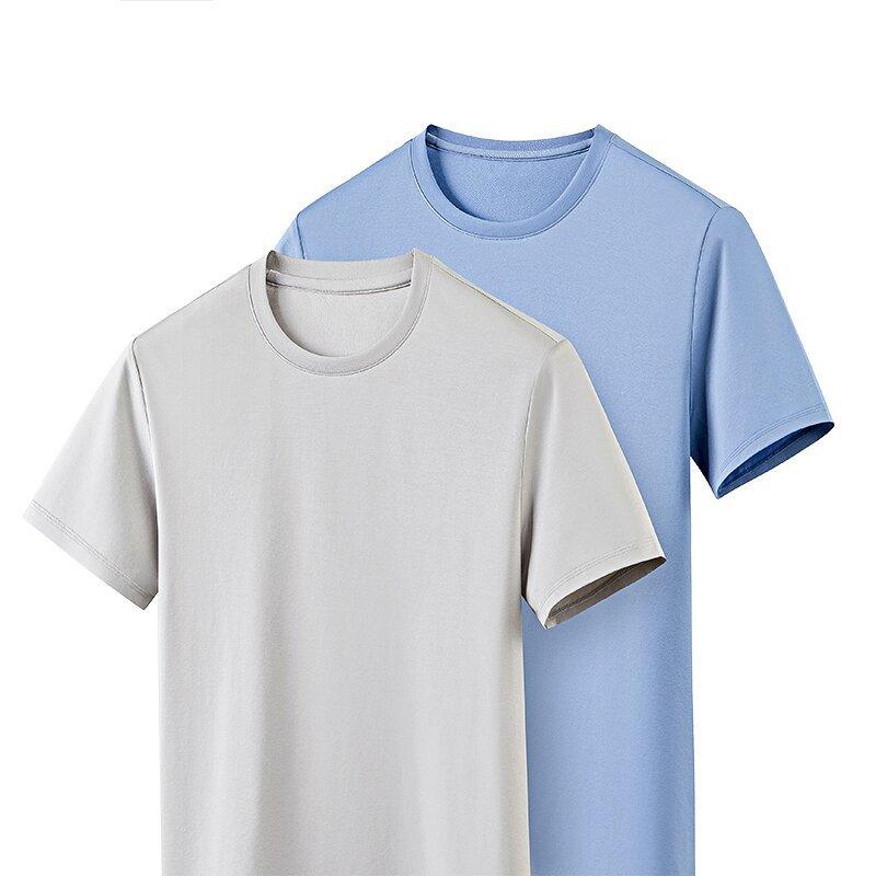 メンズ Tシャツ 短袖 丸首 インナー 綿 長繊維 薄手 高弾性 純色 日常 ビジネス 夏 アイボリー 黒 紺 グレー ブルー シルバーグレー アイスグレー アイアン 合体 針織袖 高温定型 35歳以上 中年 男性用 トップス 軽量 伸縮 シルクコットン