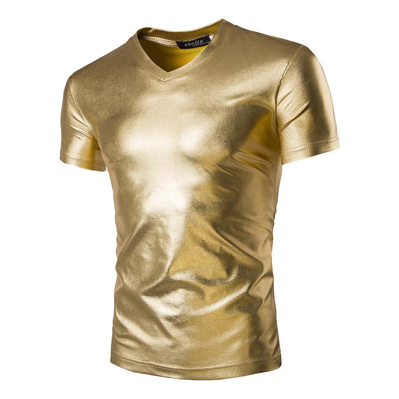 メンズ Tシャツ 短袖 Vネック 純色 光沢 修身 綿混紡 黒 黄 銀 春夏 夏季 春 青少年 成人 男性用 トップス 休? 動感 性感 夜店 デザイン ファッション 軽量 伸縮性 通勤 普段使い アウトドア 部屋着 カジュアル