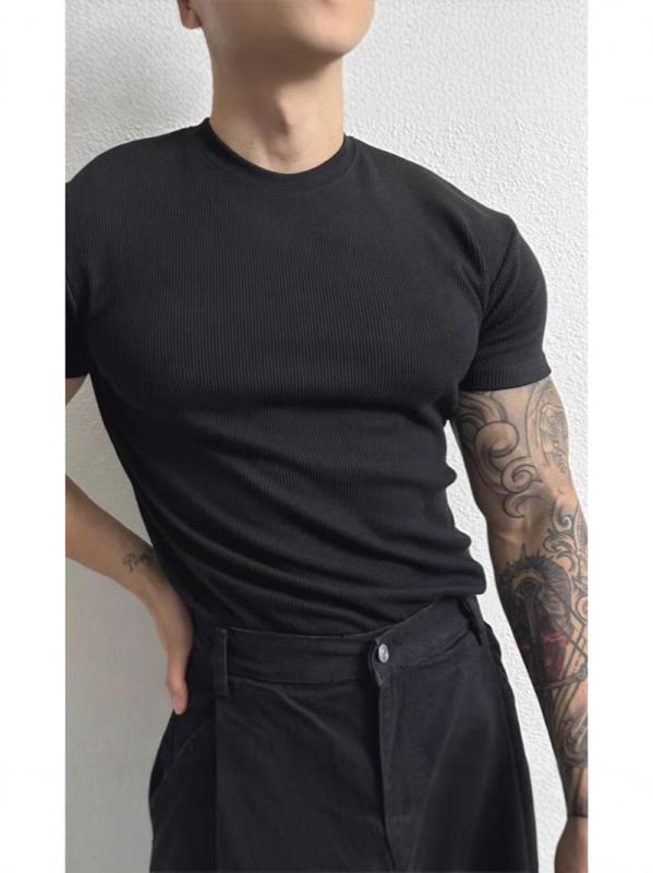 メンズ Tシャツ 短袖 修身型 速乾 吸湿排汗 薄手 黒 白 夏季 筋肉 フィット 弾力 ポリエステル 混紡 純色 丸首 野球 トレーニング ジム 青年 24-35歳 カジュアル 日常使い 軽量 伸縮 欧風 レトロ