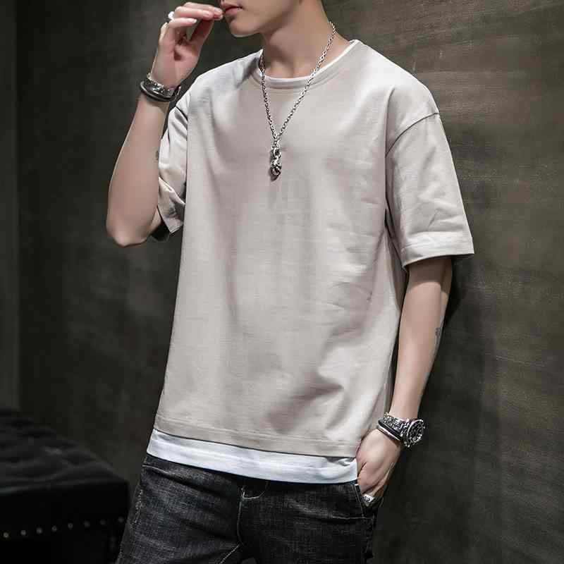 メンズ Tシャツ 半袖 短袖 トップス 男性用 春夏 夏季 綿 100% 純色 無地 切り替え デザイン 丸首 ラウンドネック ゆったり ルーズ フィット 落肩袖 野球袖 韓国風 トレンド ファッション 青少年 18-24歳 向け 成人 男性 カジュアル