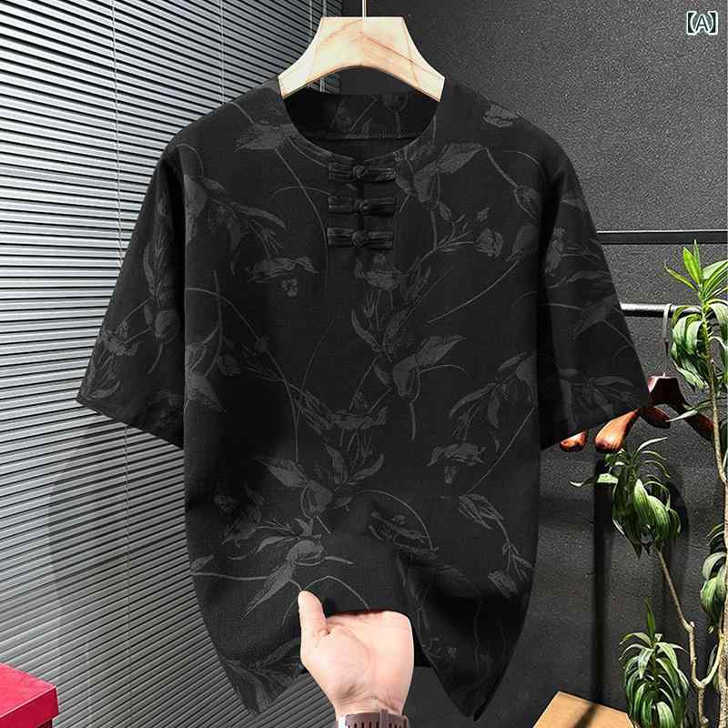 メンズ Tシャツ 短袖 中華風 麻混紡 速乾 ゆったり 大きいサイズ 黒 ・柑其 米白 透気 薄手 夏 切り替え デザイン コットン 混紡 ポリエステル 繊維 字母 パターン 丸首 セットアップ なし ルーズ フィット 成人 男性 ファッション 都市 スタ
