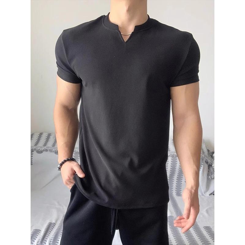 メンズ Tシャツ 短袖 Vネック 肩見せ 収縮袖口 夏季 ポリエステル 混紡 無地 ゆったり フィットネス 運動 半袖 免アイロン 黒 白 灰 ティーンエイジャー 成人 男性 休? 韓国風 化繊混紡 95% 180g-250g 普通厚 セットヘッド ノー