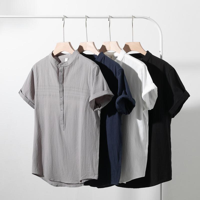メンズ Tシャツ 短袖 立襟 中国風 復古 透気 休? ゆったり 半袖 コットン リネン 合体型 セットアップ ラウンドネック 落肩袖 普通厚 白色 黒 灰色 深藍 青年向け ファッション 都市 24-35歳 夏季 春秋 純コットン 100% 免? 明線