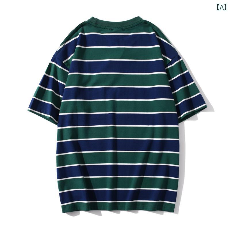 Tシャツ メンズ 短袖 条紋柄 無地 切り替え デザイン 綿素材 100% 透気性 丸首 ゆったり シルエット セットアップ 風 緑 黄 西瓜 赤 緑色 黄色 西瓜赤 春夏 秋 シーズン 青年向け カジュアル 日常使い トップス ユニセックス 情? 風