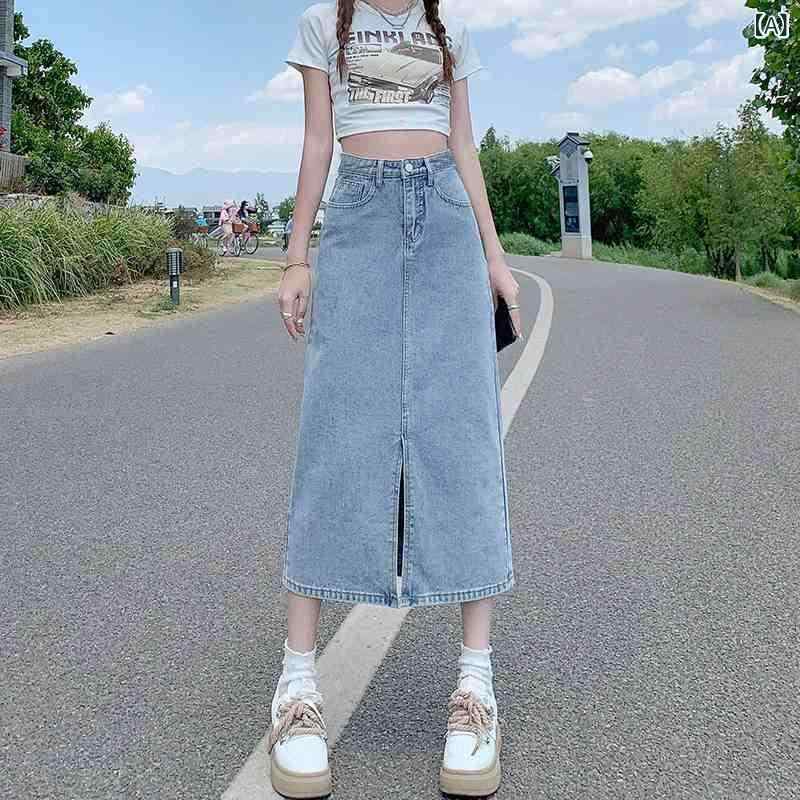 半身スカート 女性用 夏 高腰 切り替え デニム コットン ポリエステル ゆったり スリム 中長丈 包み込み Aライン ボタン 気質 通勤 快適 休? ライトブルー ヴィンテージブルー 黒