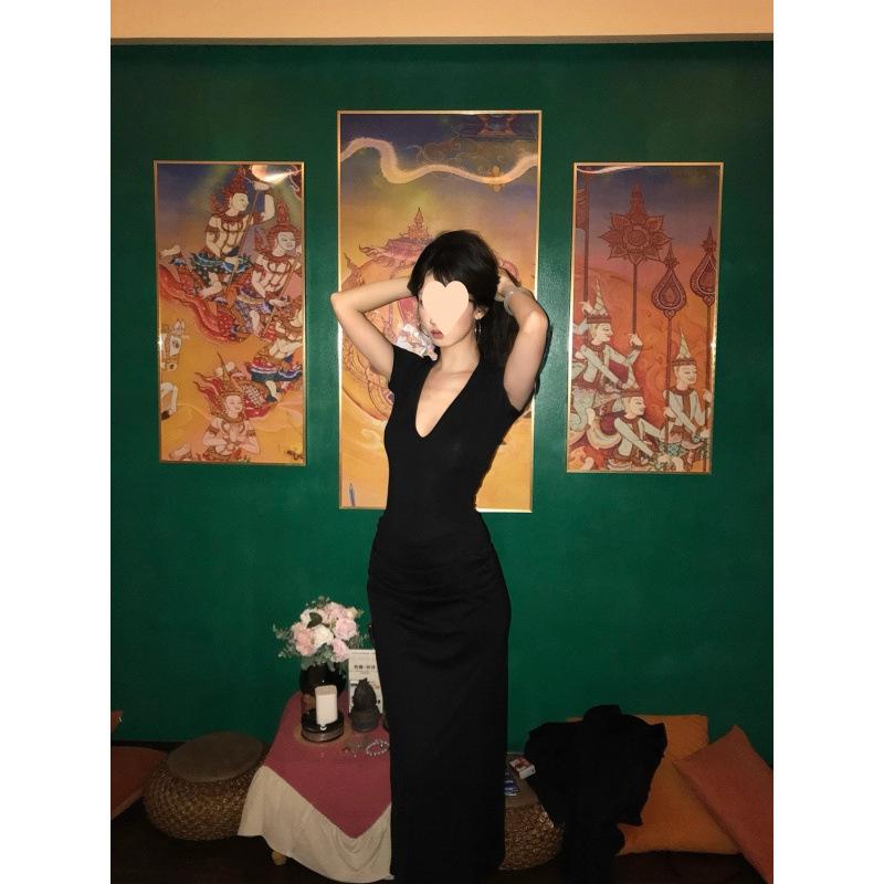 ワンピース レディース 夏 黒 Vネック 短袖 ロングスカート 包臀 切り替え 褶? 修身 収腰 開叉 街頭風 潮人スタイル 単品 純色 軽量 伸縮性 綿混 ビッグシルエット ハイウエスト カジュアル 普段使い 通勤用