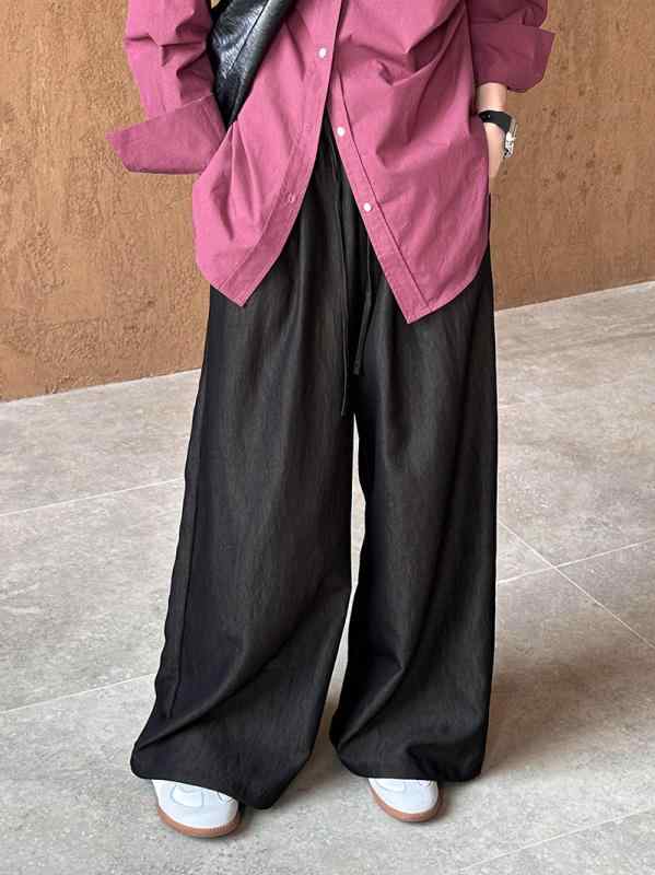 レディース 秋冬 ワイドパンツ 韓系 抽? 高腰 ゆったり ストレート ロングパンツ ニロン ナイロン 素材 垂感 暗紫 黒 色 日常使い 秋 冬 女性 向け ロング丈 ゆったりシルエット 軽量 ストレッチ