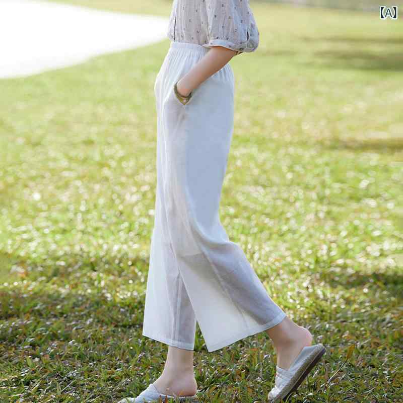 レディース 麻 混 紡パンツ 九分丈 ゆったり ワイドレッグ 高腰 薄手 微弾性 ポケット 付き 白 復古風 文学的 スタイル カジュアル 日常使い 軽量 通気性 涼しい 夏 アイテム ゆったりシルエット 脚長効果 ゆったりフィット