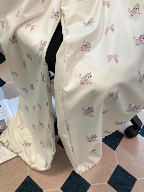 レディース ワイドパンツ 夏用 猫プリント デザイン性 ルーズ ストレートパンツ クロップドレッグ キャジュアル ロングパンツ ?綸 ポリエステル 素材 高腰 薄手 クラッシュカラー 甘め フレッシュ ミッドストレッチ ライトアーモンド カラー