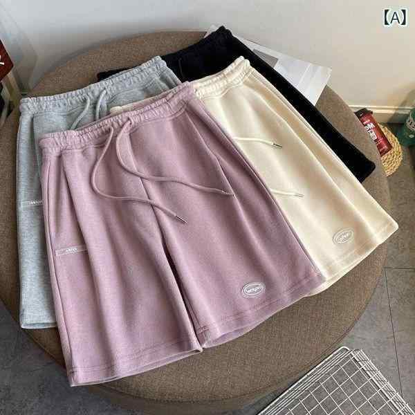 レディース ショートパンツ 綿 ポリエステル 素材 高腰 ワイドレッグ 膝上丈 ゆったり シルエット 引き紐 デザイン 藕色 米白 黒 グレー 春夏 快適 日常使い カジュアル スタイル 通勤 外出 リラックス