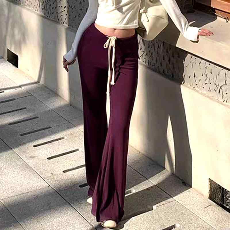 レディース 低腰 ラッパーパンツ 紫 綿混 ポリエステル 高弾力 マイクロフレア ロングパンツ 紐 春季 セクシー ストリート 欧米風 薄手 柔らかい 快適 女性用 ゆったり スタイリッシュ 日常使い ファッション