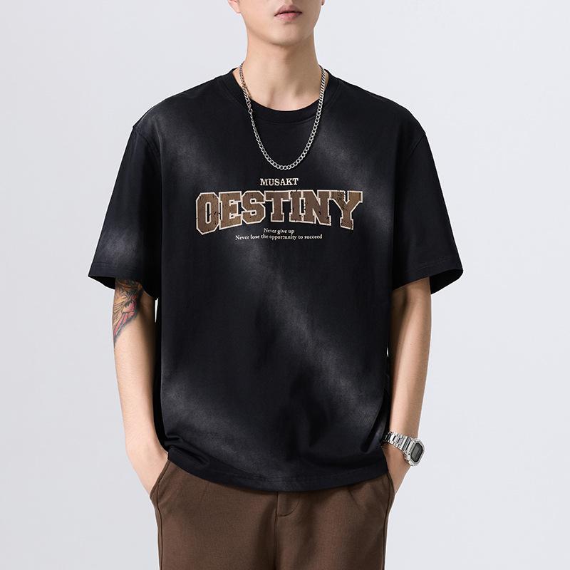 メンズ Tシャツ 短袖 綿100% 精梳棉 吸湿排汗 グラデーション染め 印花 文字柄 丸首 ルーズフィット 夏 レディース 黒 ワインレッド ブラウン ビンテージ風 ストリートスタイル グラデーションカラー コットン素材 吸湿速乾 ゆったりシルエット