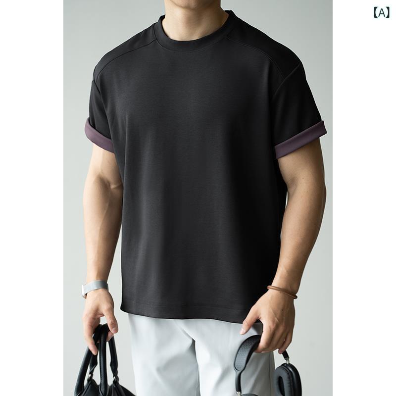 Tシャツ メンズ 短袖 半袖 トップス モダール混 コットン混 ポリエステル混 スパンデックス混 透気性 吸湿速乾 薄手 ゆったりシルエット 丸首 セットインスリーブ ツートンカラー ダークピンク グレー ブラックパープル 春夏 運動 日常使い カジュア