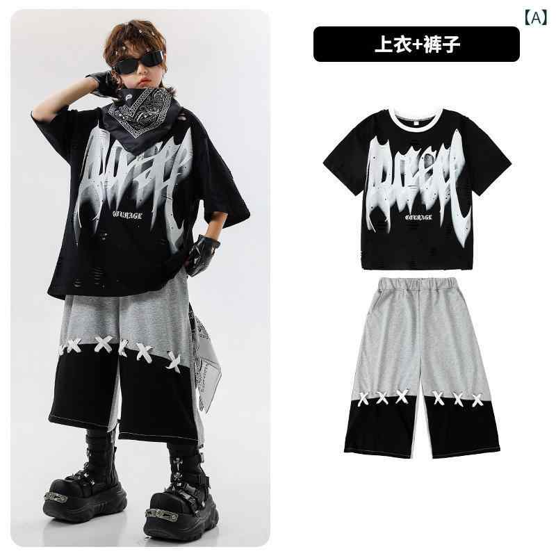 子供 ストリートダンス 衣装 男の子 女の子 黒 赤 破れ デザイン 潮風 セット かっこいい ヒップホップ ダンス 服 夏 綿 素材 プリント 柄 110-180cm 対応 中大 子供 8歳以上 140cm以上 安全 B級 黒 開き Tシャツ 黒灰 ド