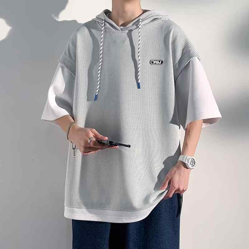 メンズ Tシャツ 短袖 連帽 半袖 トップス 男性用 夏用 春夏 青少年 ゆったり 韓国風 トレンド ポリエステル 透気性 丸首 セットアップ 切り替え プリント 黒 白 休? カジュアル 普段使い 軽量 速乾