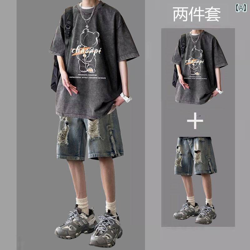 メンズ トップス 短袖 Tシャツ セット 牛仔 ショートパンツ 春夏 夏季 薄手 綿100% プリント柄 グラフィック 黒 茶 ブルー 破れ加工 デニム ストリート スタイル カジュアル レジャー スポーツ 青春 流行 18-24歳 向け 軽量 通気性