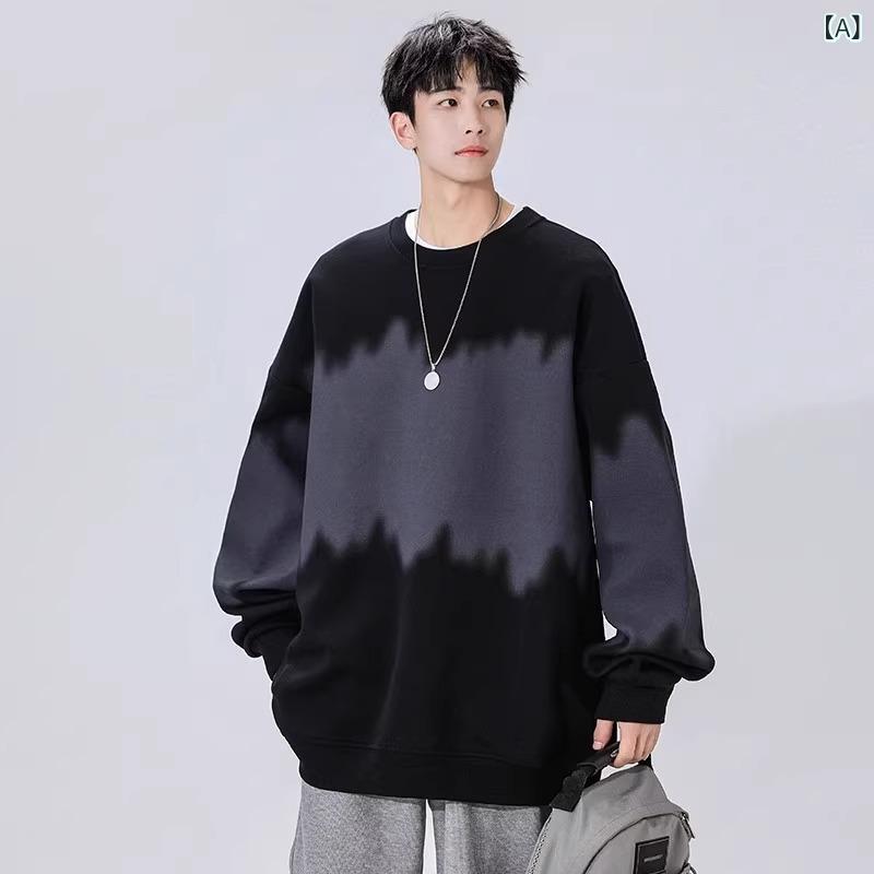パーカー メンズ 春 長袖 丸首 トップス セットアップ 黒 白 米色 ブラウン ポリエステル 素材 ゆったりシルエット グラデーション 柄 日系 シンプル デザイン 日常 着用 かわいい スタイル 軽量 伸縮性 吸湿速乾 通勤 普段使い 部屋着 アウト