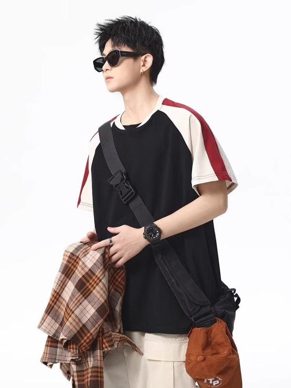 Tシャツ メンズ 青少年 短袖 丸首 ゆったり 夏服 切り替え 幾何学柄 黒 白 吸湿速乾 通気性 薄手 日常 ファッション 復古 ストリート トップス 半袖 涼しい ポリエステル混紡 ベースレイヤー ユニセックス