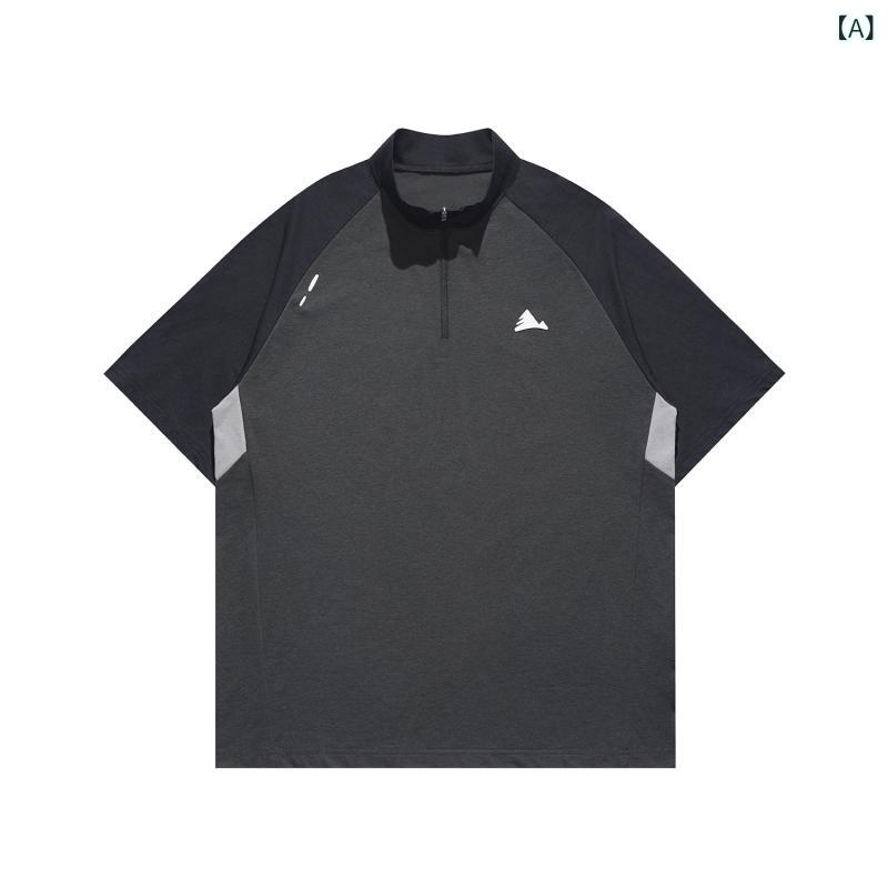 メンズ Tシャツ 半袖 速乾 半拉? 反光 プリント レトロ スタイル 防晒 運動 トップス ワイド フィット 街着 カラフル 柄 ポリエステル 100% 紡績 素材 丸首 落肩 袖 中袖 切り替え ディテール 深空灰 静?紫 グレー パープル 春夏秋