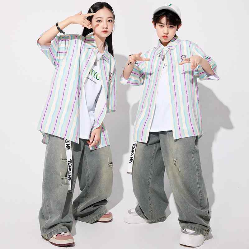 子供 ダンス服 男の子 女の子 ストリートダンス ヒップホップ 夏 潮 演出 セットアップ シャツ パンツ インナー ネックレス ベルト 条紋 破れ デニム 迷彩 酵素洗 クール プリント 伸縮性 通気性 軽量 110cm 120cm 130cm 140