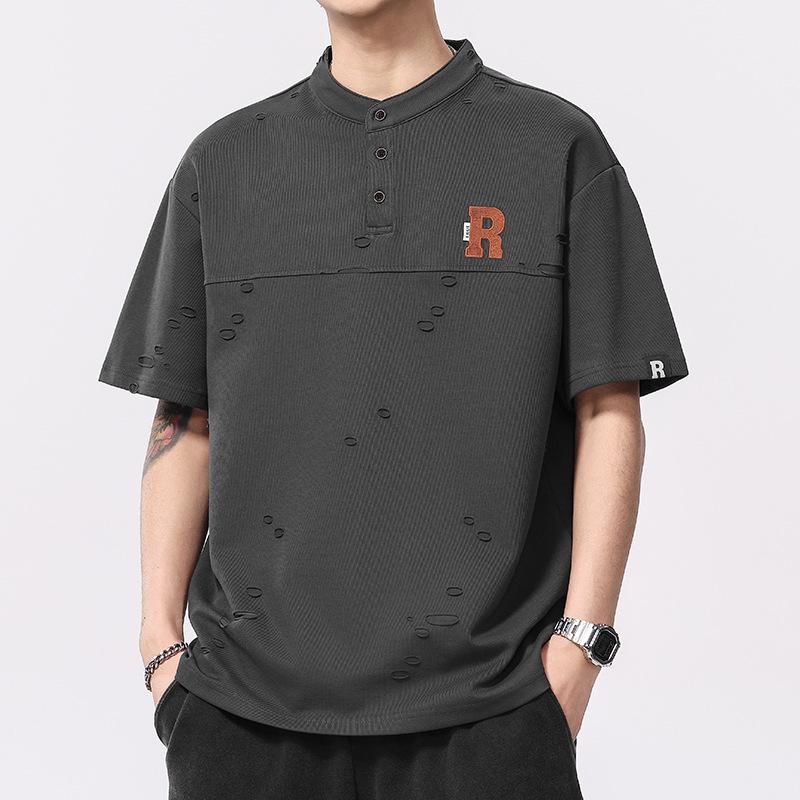 メンズ 短袖 Tシャツ ポロシャツ 夏 レディース メンズ 刺繍 破れ デザイン 広め シルエット ヘンリーネック 落肩袖 切り替え 加工 綿混紡 麻素材 ポリエステル 再生繊維 伸縮性 抗菌 吸湿排汗 灰緑 色 白 色 灰緑 色 白 色 青年向け 休?