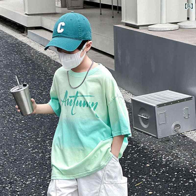 キッズ 男の子 Tシャツ 半袖 夏用 綿素材 緑 グラデーション デザイン 柔らかい 吸湿速乾 丸首 韓国風 潮 字母 柄 8歳以上 子供服 通気性 快適 軽量 日常使い