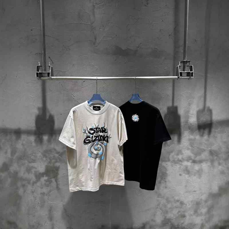 Tシャツ メンズ レディース 短袖 丸首 綿 素材 幅広 シルエット 星柄 アルファベット プリント ストリート ファッション ヒップホップ スタイル ゆったり トップス ユニセックス デザイン インパクト プリント 夏 春 秋 シーズン 対応 青少年