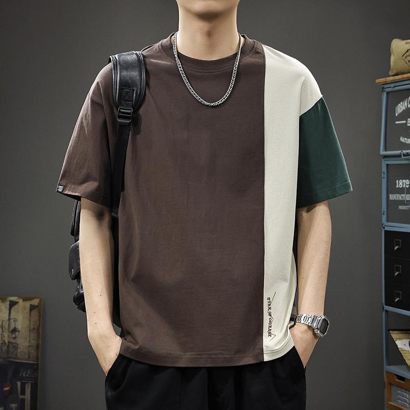 メンズ Tシャツ 短袖 切り替え デザイン 新疆綿 素材 100パーセント コットン 透気性 薄手 ゆったり シルエット 丸首 落肩袖 インナー なし 夏 コーデ 普段使い カフェオーレ グリーン グレー 杏色 組み合わせ 青年向け ファッション アイテ