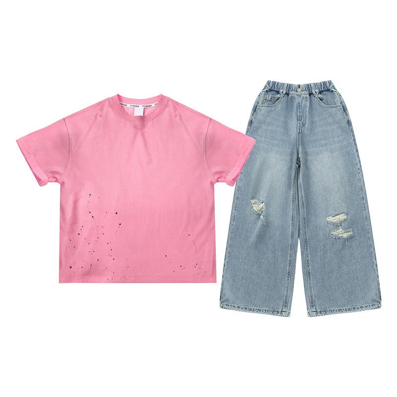 キッズ 女の子 男の子 夏服 セットアップ トップス ショートスリーブ Tシャツ ピンク 牛仔 破洞 デニム ロングパンツ 綿 柔軟 薄手 ストリート カジュアル ファッション 子供服 洋気 スタイル セット 装い 夏 コーディネート