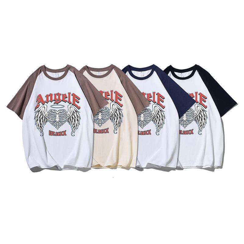 メンズ Tシャツ 短袖 純棉 切り替え 挿肩袖 トップス ラブハート 翼 柄 ゆったりシルエット ラウンドネック 春 青春スタイル コットン素材 色落ち防止 抗縮み 白色 ブルー ブラウン ベージュ 240g 厚手 休? カジュアル 日常使い ティーン向